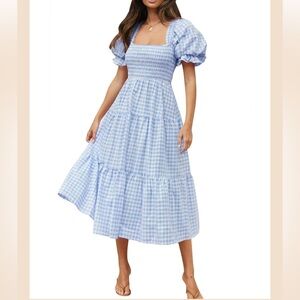 ZESICA PLAID SQUARE NECK PUFF SLEEVE RUFFLE MIDI DRESS, Med